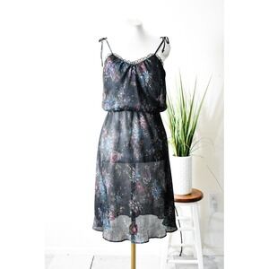 Candi Jones California Dress Womens M Black 70s Vintage Floral Pleated Sheer